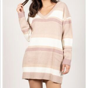 Tobi Beige/Tan Striped Knit V-Neck Sweater Dress With Pockets Sz S